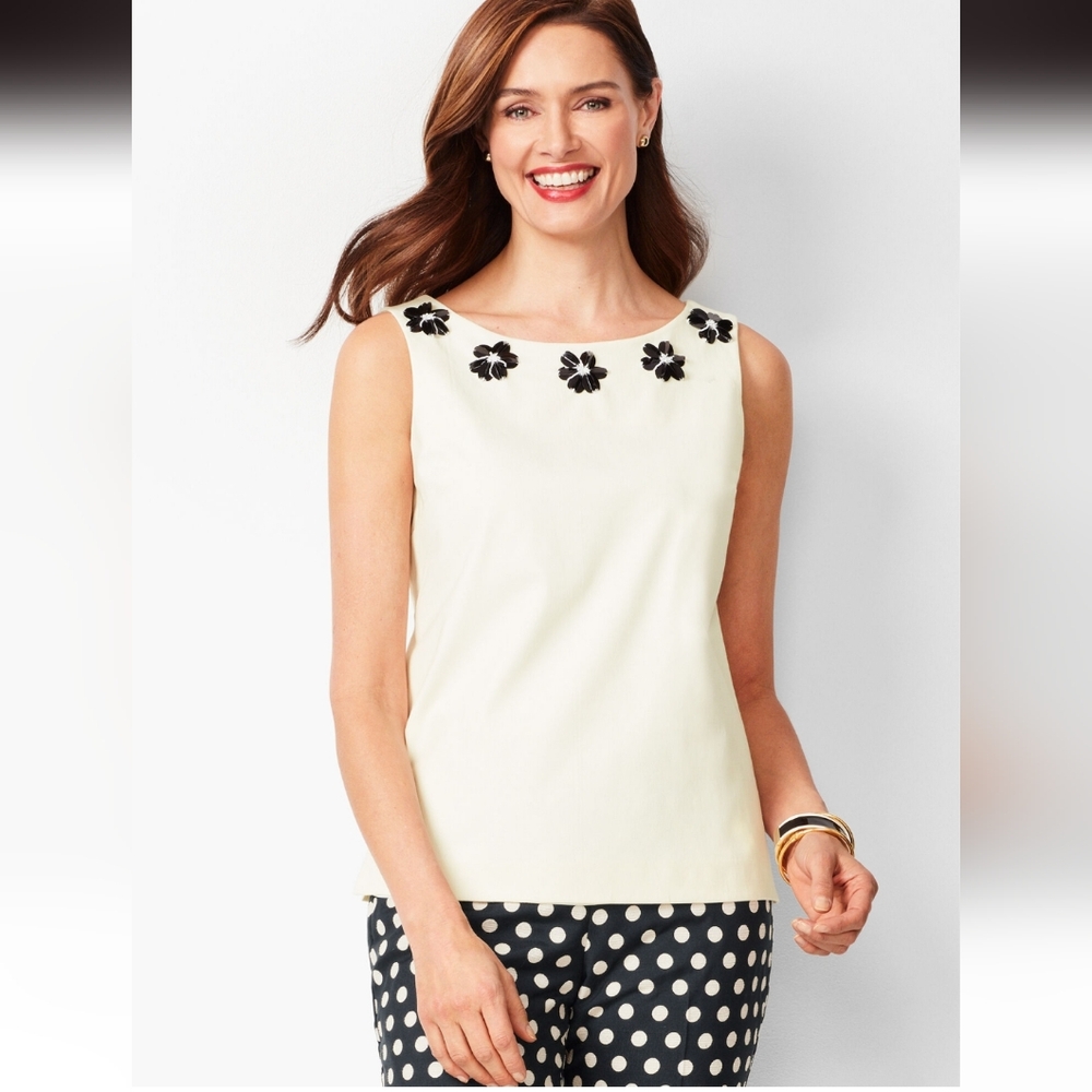TALBOTS RSVP Beaded Floral Neckline White Sleeveless Top | SZ 4 - Picture 2 of 12